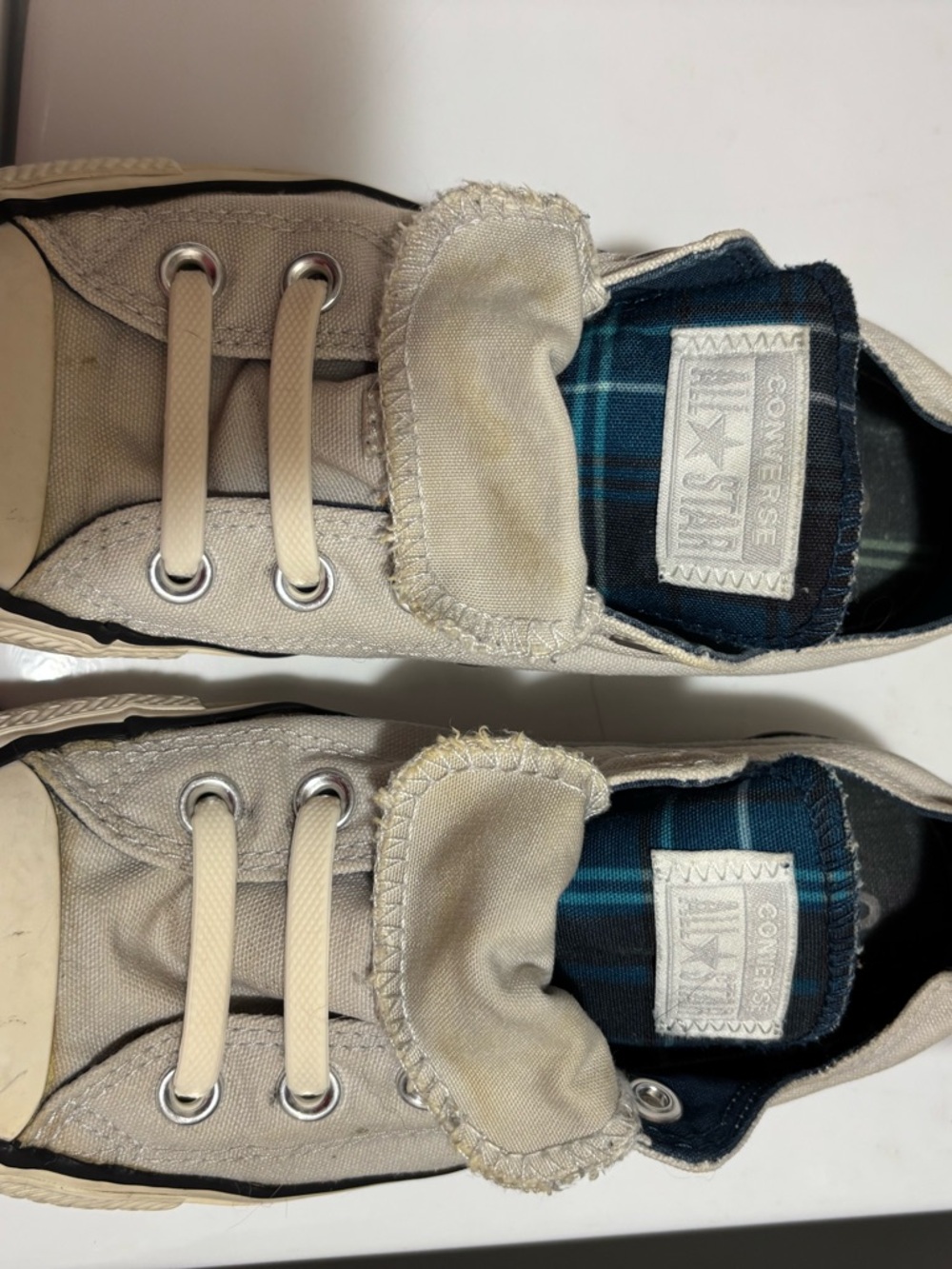 Converse Gray Canvas Low-Top Sneakers with Blue Plaid Lining